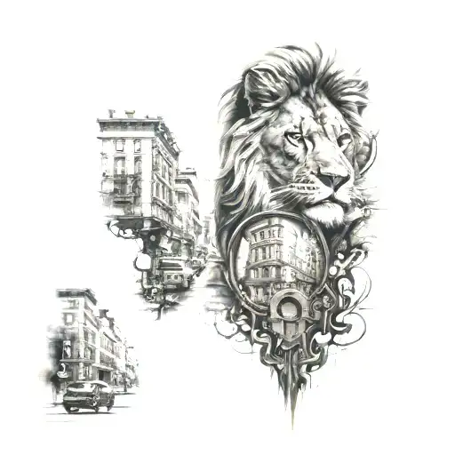 City Street With Buildings And Lion Eye Above It