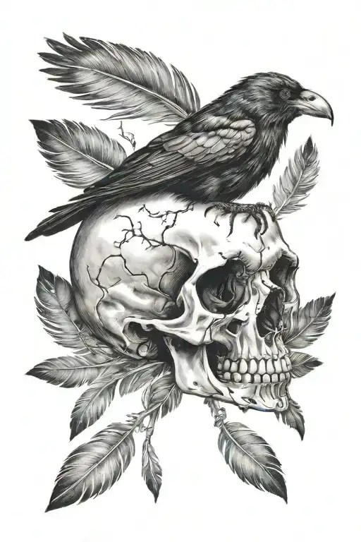 Crow On A Skull With One Foot Inside Eye Socket With Feathers Falling Down