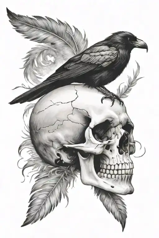 Crow On A Skull With One Foot Inside Eye Socket With Feathers Falling Down