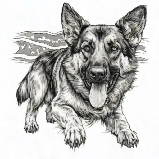 American Flag With German Shepard Coming Out Of It