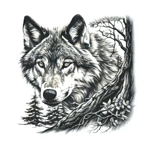 Half Wolf Face Behind A Tree