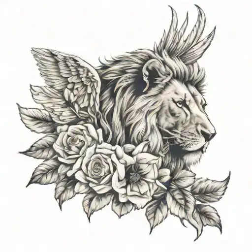 Lion Head On Rose Flowers With Blade And Wing