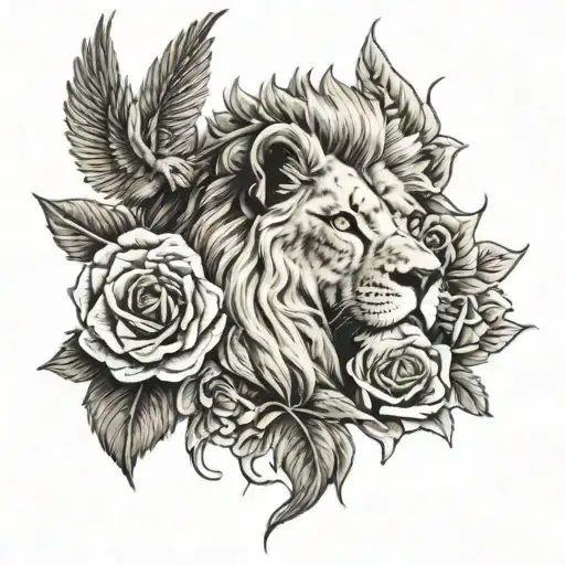 Lion Head On Rose Flowers With Blade And Wing Symmetrical