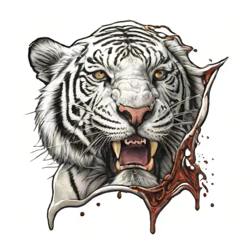 White Tiger With Grren Eyes Clawing It's Way Out The Skin With Blood Dripping
