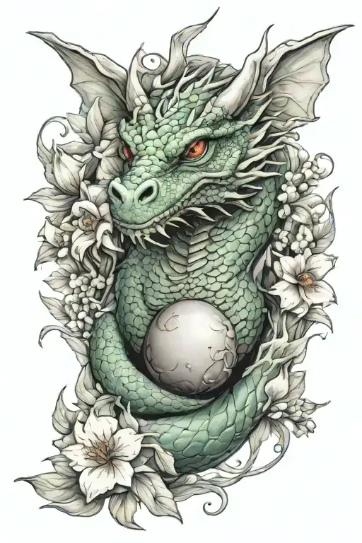 Female Dragon Behind Flowers And Dragonegg