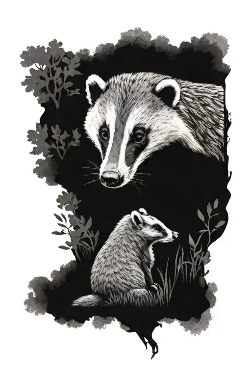 Badger With A Forest Background Black And White