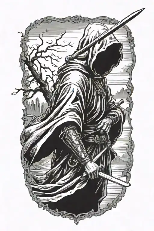 Hooded Repear Silhouette Holding Sword Scary