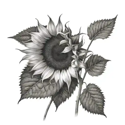 Black And White Half Of A Sunflower Coming From Behind A Fern On The Hip