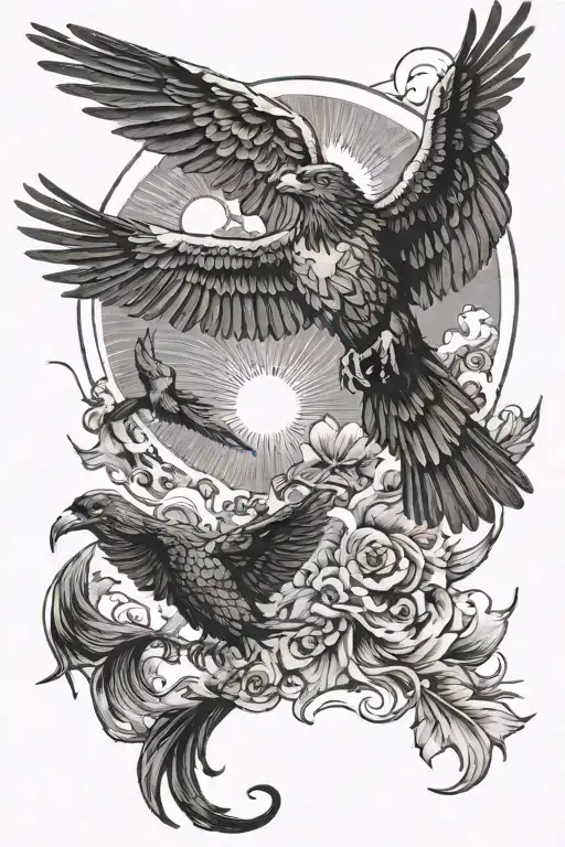 Icarus Falling From The Sun With A Raven Above And A Phoenix Bird Below