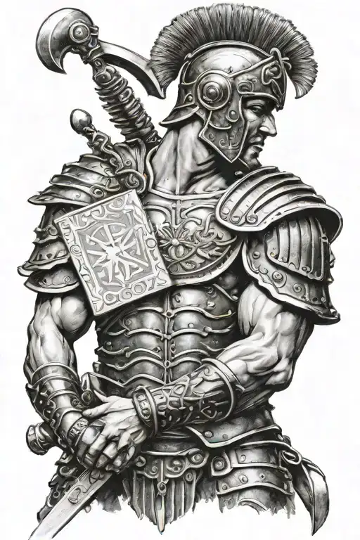 An Intricate Dotwork Tattoo Of A Roman Gladiator Holding A Bible With Art-inspired Details