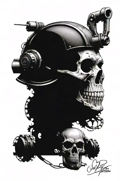 Incorporate Gears And Pistons Into A Tattoo Of A Skull Wearing A Helmet