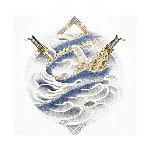 A Composition Of Traditional Japanese Waves Forming The Shape Of A Katana