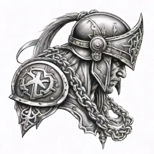 Warrior With Helmet And Chain From Hand