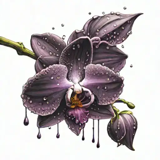 A Black And Purple Accented Orchid With A Storm And Rain Drops Falling Off The Flower