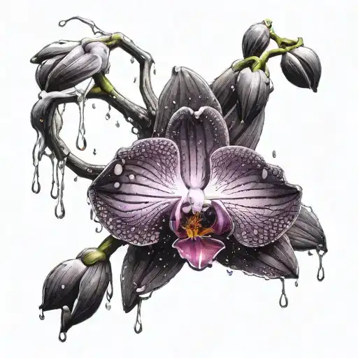 A Black And Deep Purple Accented Orchid With A Storm And Rain Drops Falling Off The Flower