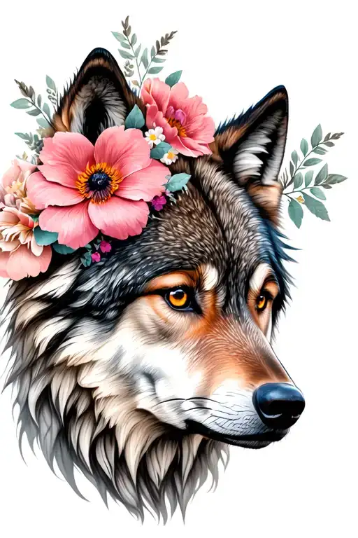 Feminine Wolf Face Side With Flowers