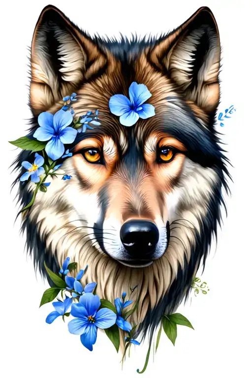 Feminine Wolf Face Side With Blue Flowers