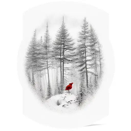 Landscape Of A Forest With A Cardinal Hidden Among The Trees