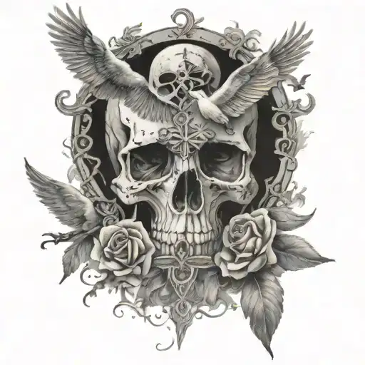 Cross And Skull And Moon And All Seeing Eye And Doves