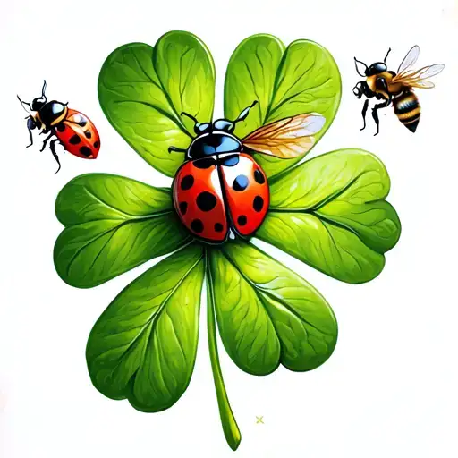 Clover With A Lady Bug And A Flying Bee Flying
