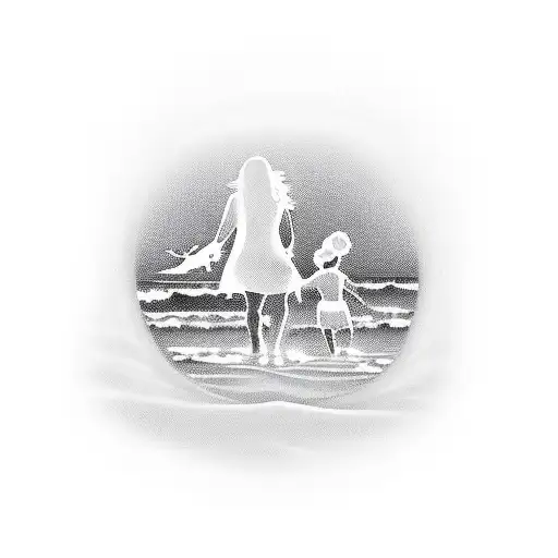 A Silhouette Of A Family Walking On The Beach At Sunrise