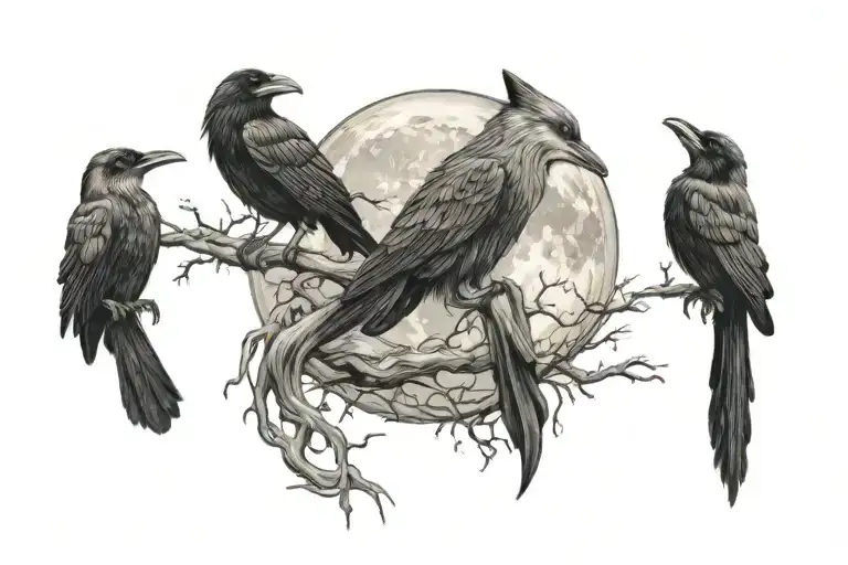 Crows Holding A Moon In Their Beaks And A Fox Watching