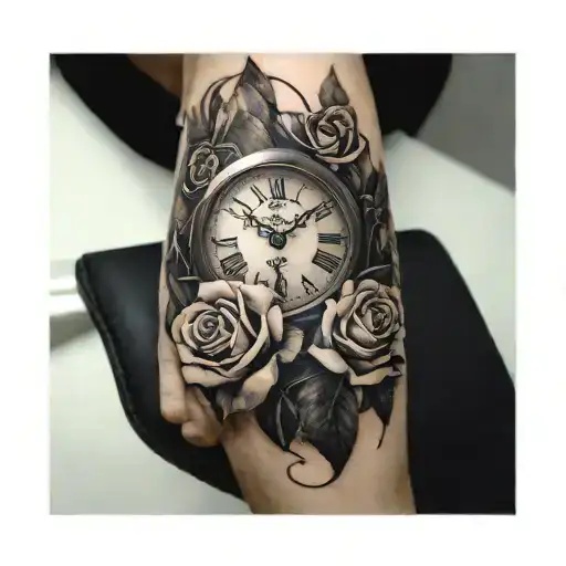 Mountains Clock Roses Intertwined