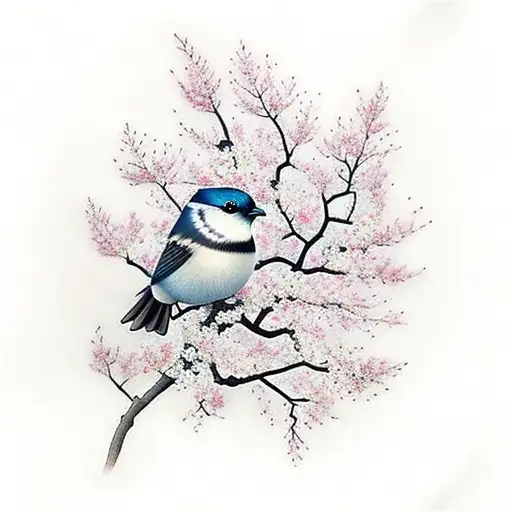 A Small Bird In The Middle Of Cherry Blossoms And Cherries