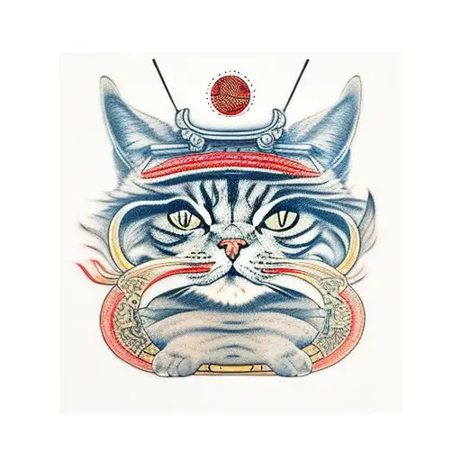 Samurai Cat Red Sun Straw Hat