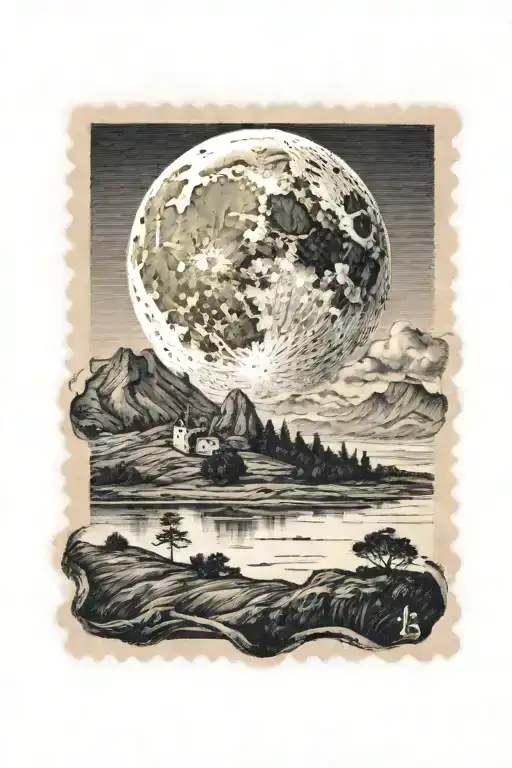 A Stamp Of A Landscape With A Moon