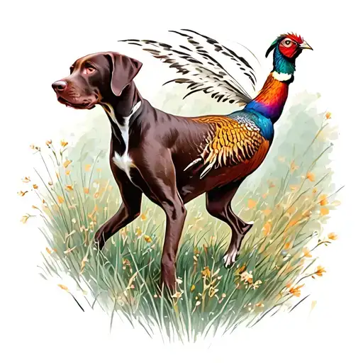 A German Shorthaired Pointer Chasing A Pheasant In A Field