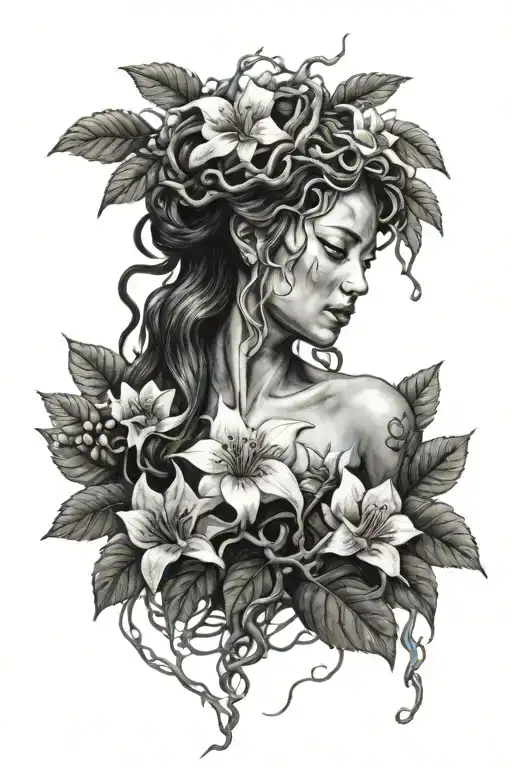 Medusa Realism Ribs Tattoo With Japan Cherry Leaves And Flower In Bqckground