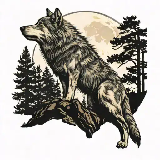 Wolf On A Cliff In A Pine Tree Forest Howling At A Full Moon