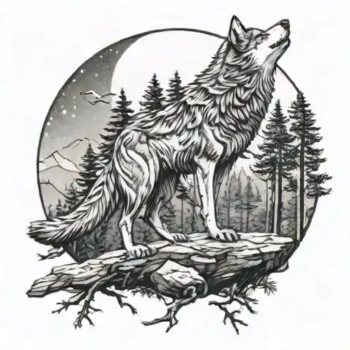 Wolf On A Cliff In A Pine Tree Forest Howling At A Full Moon