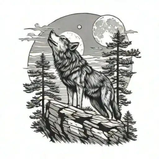 Wolf On A Cliff In A Pine Tree Forest Howling At A Full Moon