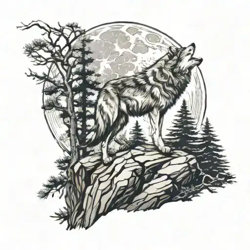 Wolf On A Cliff In A Pine Tree Forest Howling At A Full Moon