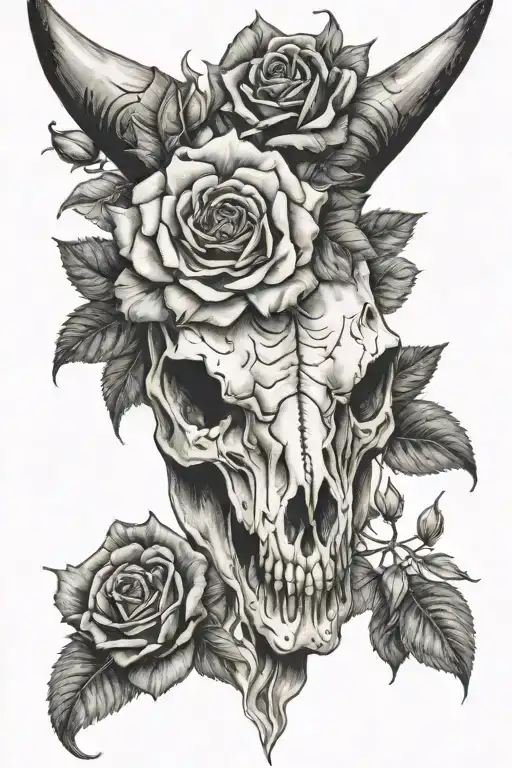 Bull Skull Head With Roses Bellow