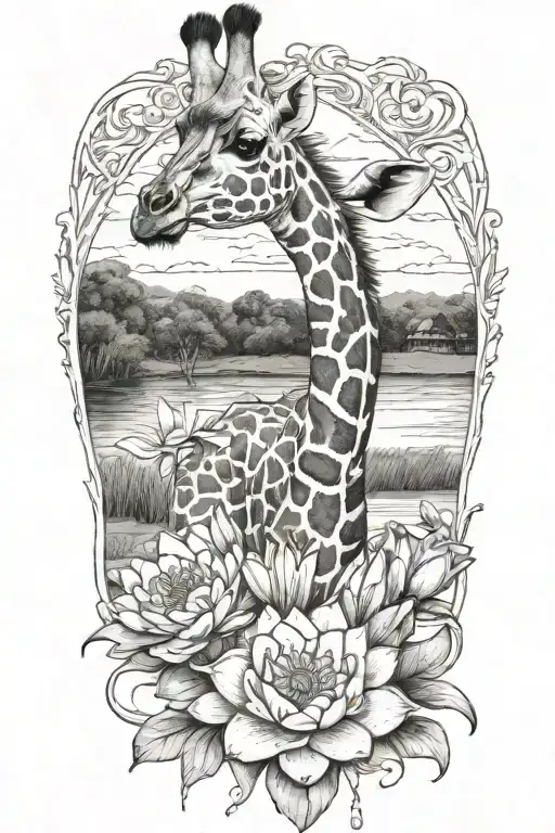 Giraffe With Water Lily And Larkspur