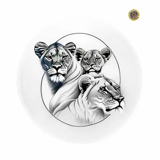 Circle With A Portrait Of A Lioness With 2 Cubs And Around The Circle There Are Flowers