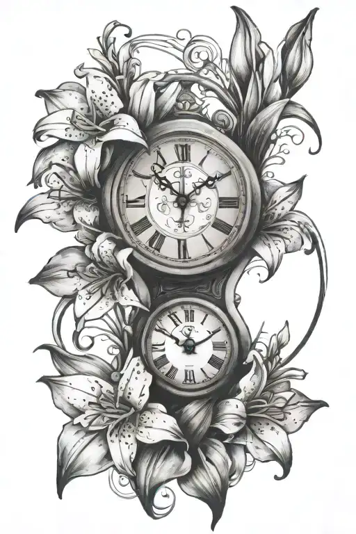 Broken Clock With Lilly Flower Intertwined