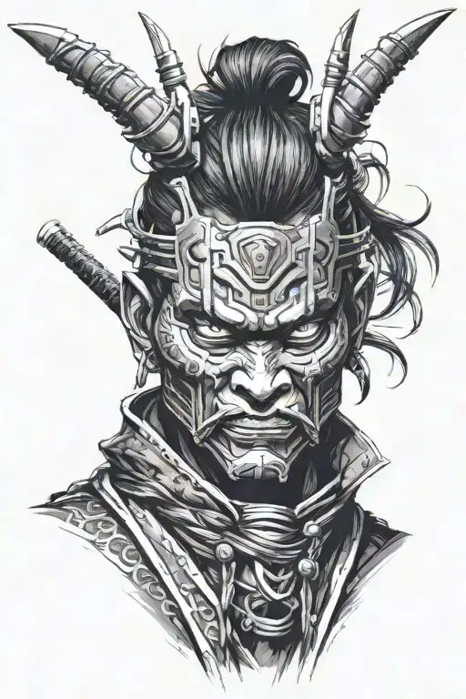 Classic Samurai In An Oni Mask Against The Background Of A City In Cyberpunk Style