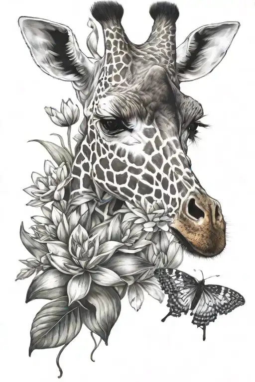 Giraffe With Water Lily And Larkspur Flower Blooming