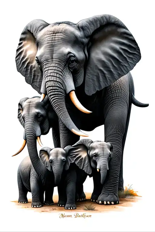 Mom And 2 Baby Elephants In Line