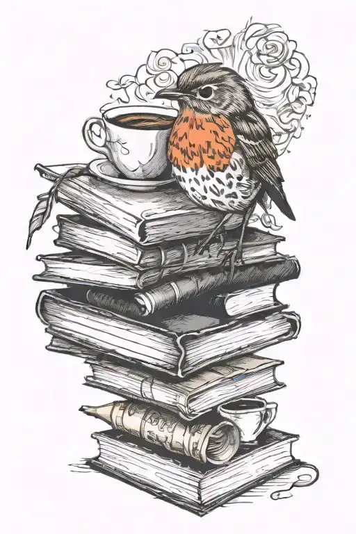 Robin And Coffee Cup Around Books Surrounded
