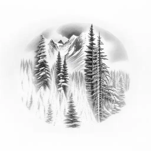 A Majestic Mountain Range Surrounded By Pine Trees