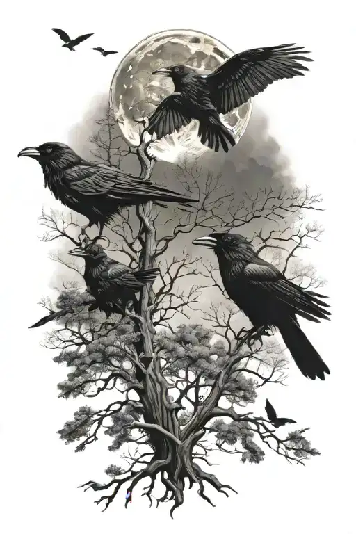 Wolf Moon Forest With Ravens And