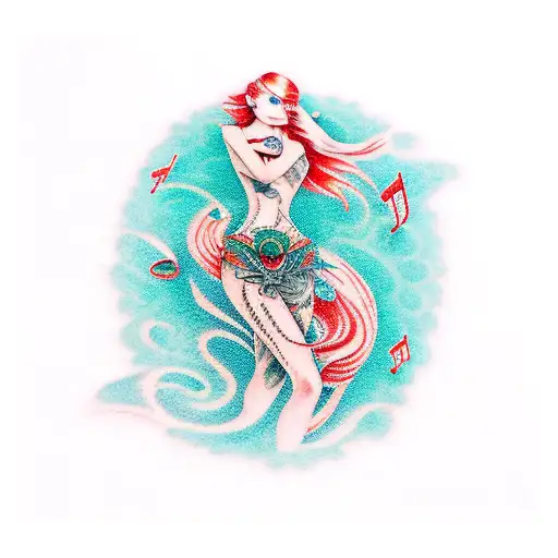 Full Body Pretty Music Siren With Red Hair And Tattoos Teal Background