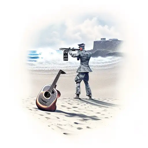 A Soldier Playing A Guitar On A Beach With Waves In The Background