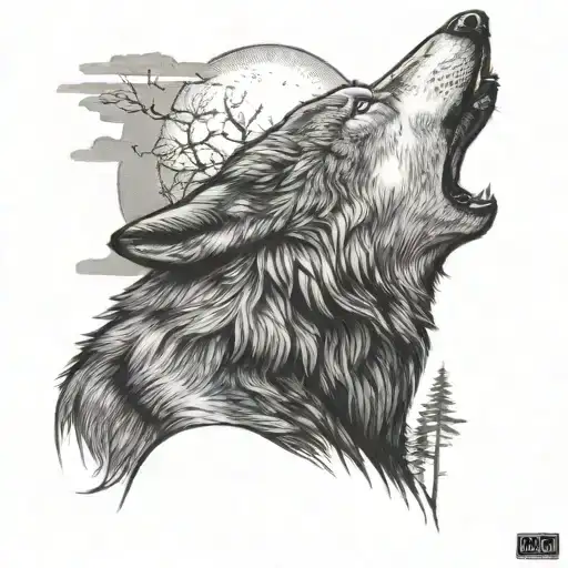 A Black-grey Tattoo Of A Wolf Howling Under A Full Moon In A National Park Setting