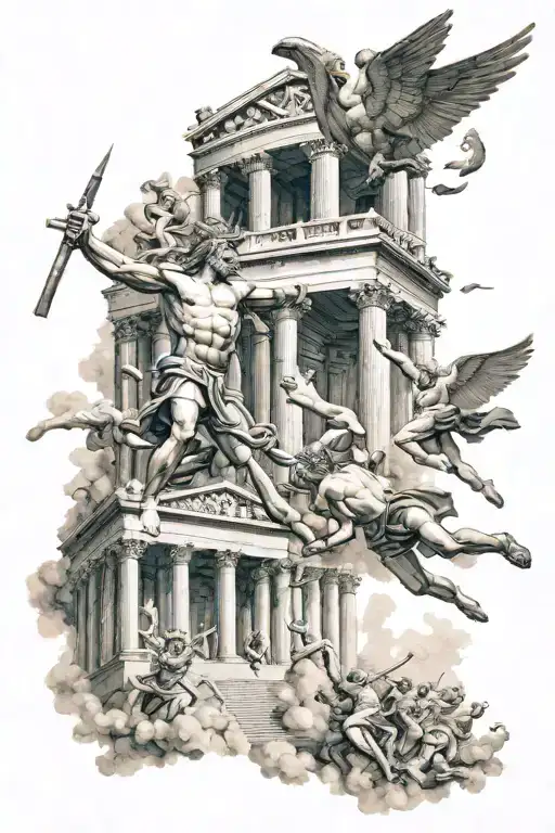 Temple Of Olympus And Zeus And Icarus Falling And Spartan Soldiers In Naval Battle